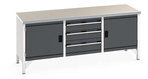 Bott Cubio Storage Workbench 2000mm wide x 750mm Deep x 840mm high supplied with a Linoleum worktop (particle board core with grey linoleum surface and plastic edgebanding), 3 x drawers (1 x 200mm & 2 x 150mm high) and 2 x 500mm high integral... 2000mm Wide Engineering Storage Benches with Cupboards & Drawers